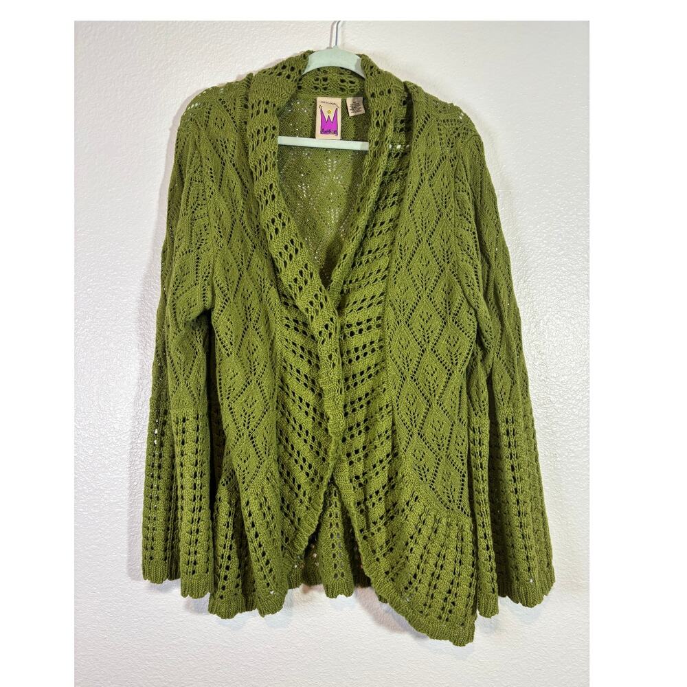 Antthony Original Vintage 90s Size M Green Open Knit Bell Sleeve Cardigan *FLAW*